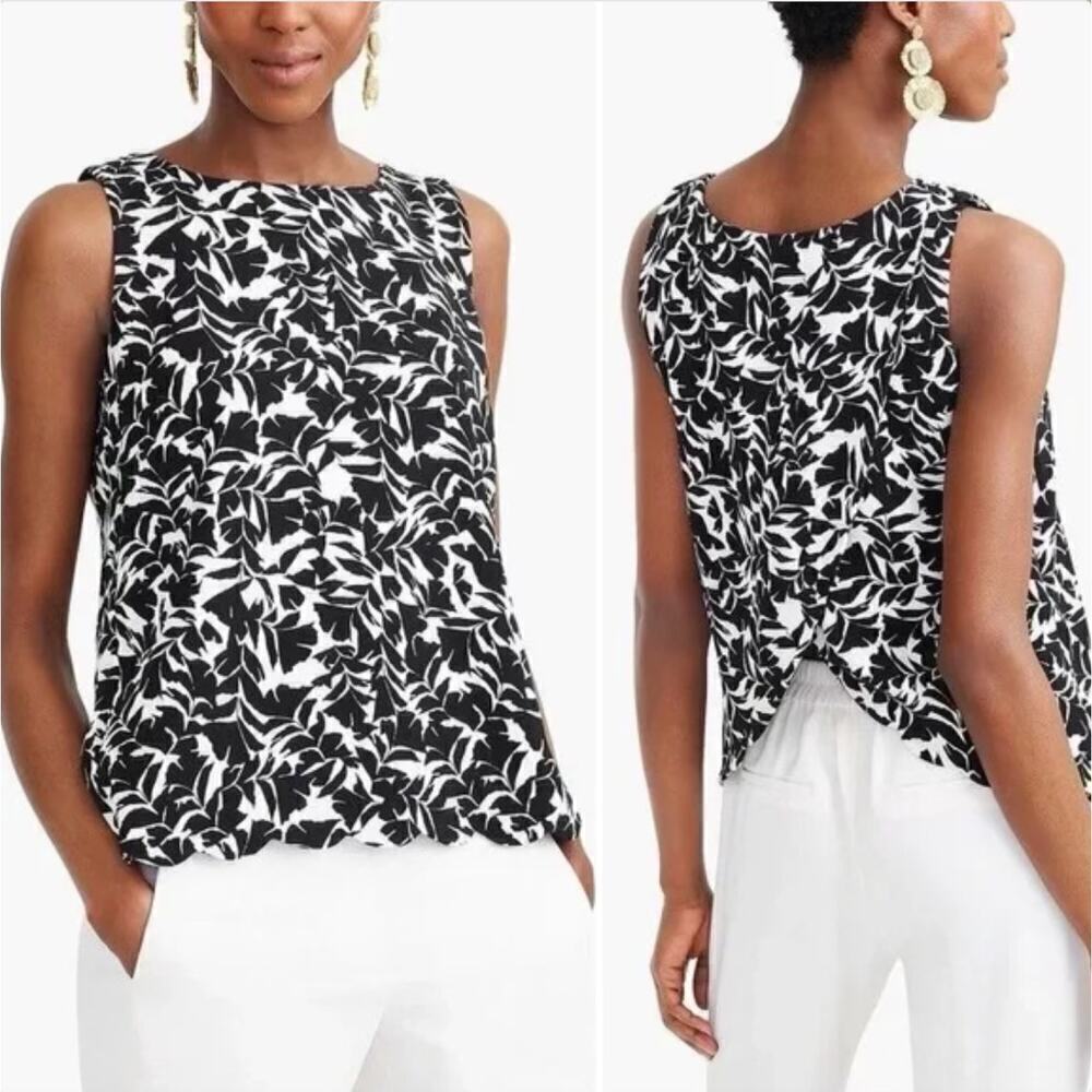 J.Crew Printed Scalloped-Hem Sleeveless Top with Overlapped Back Black White XXS